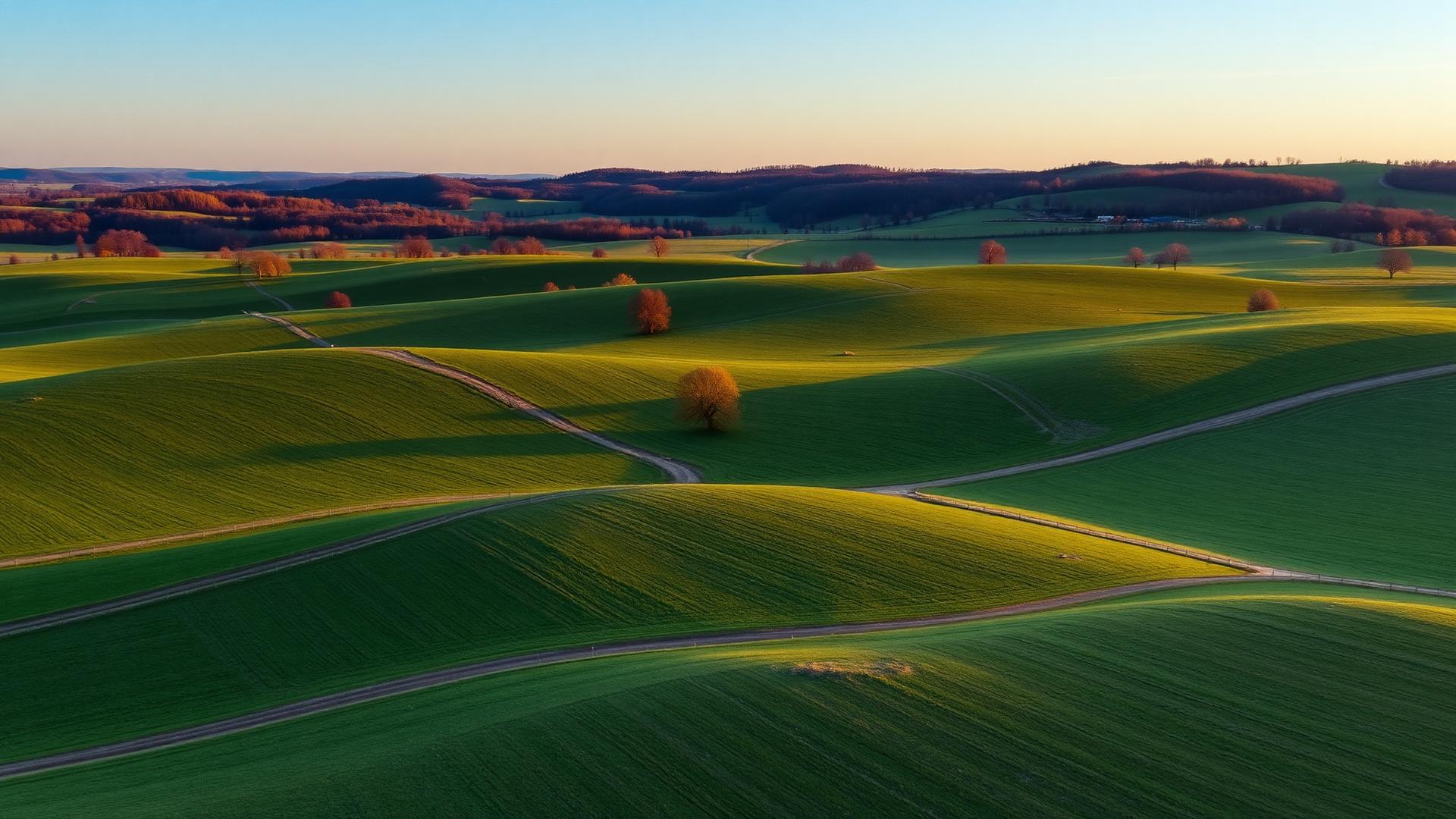 Rolling Missouri farmland with Ozark hills at golden hour