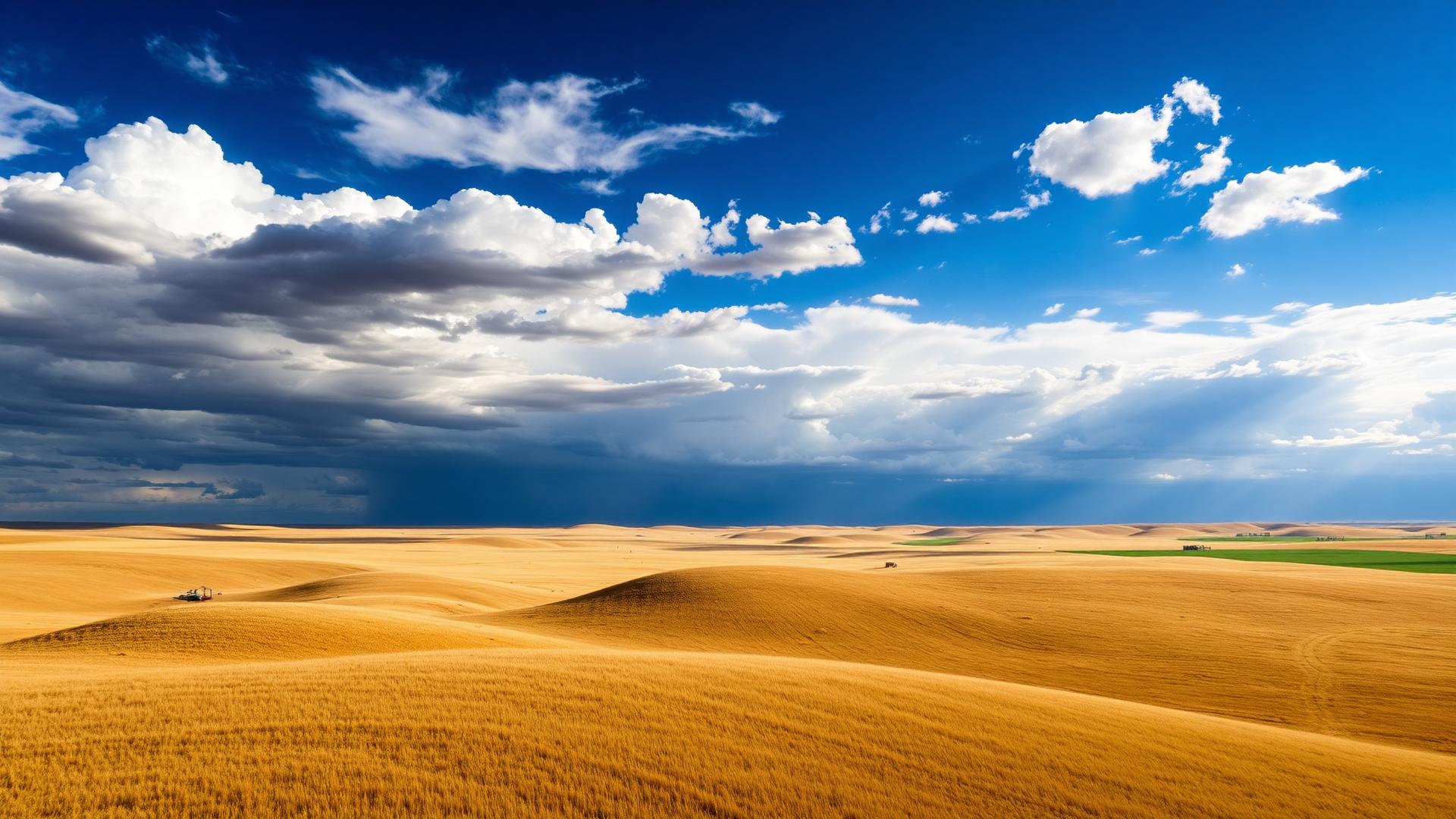 Sweeping Nebraska Sandhills prairie landscape with golden grasslands under dramatic big sky
