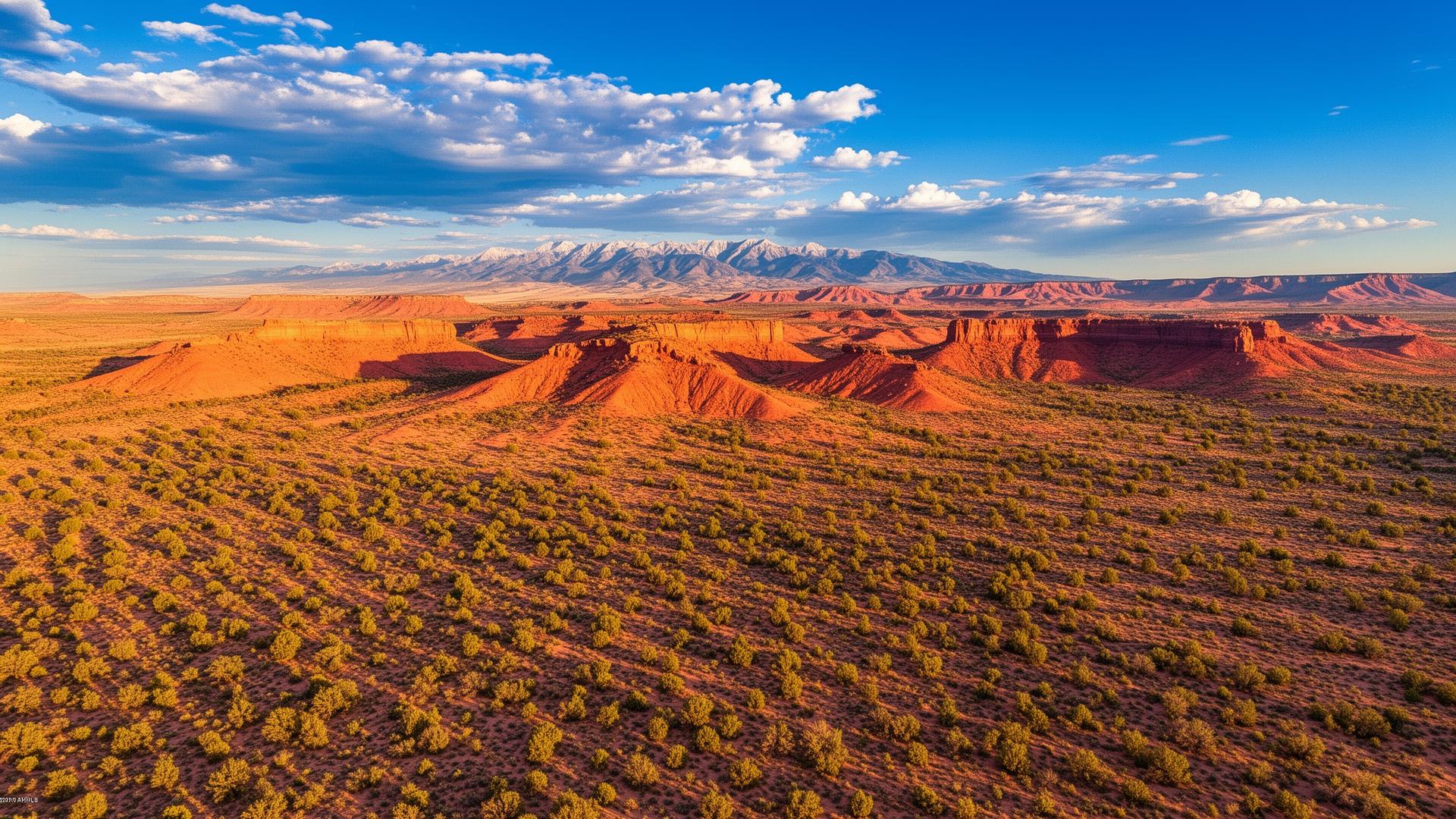Vast New Mexico desert landscape with red rock mesas and distant Sangre de Cristo mountains showing land for sale