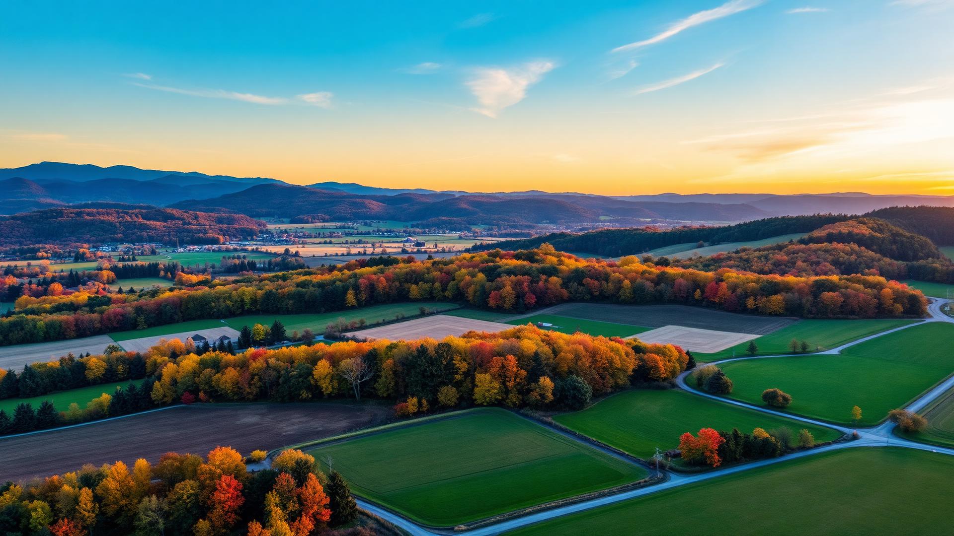 Aerial view of upstate New York farmland with autumn foliage and Catskill Mountains in background