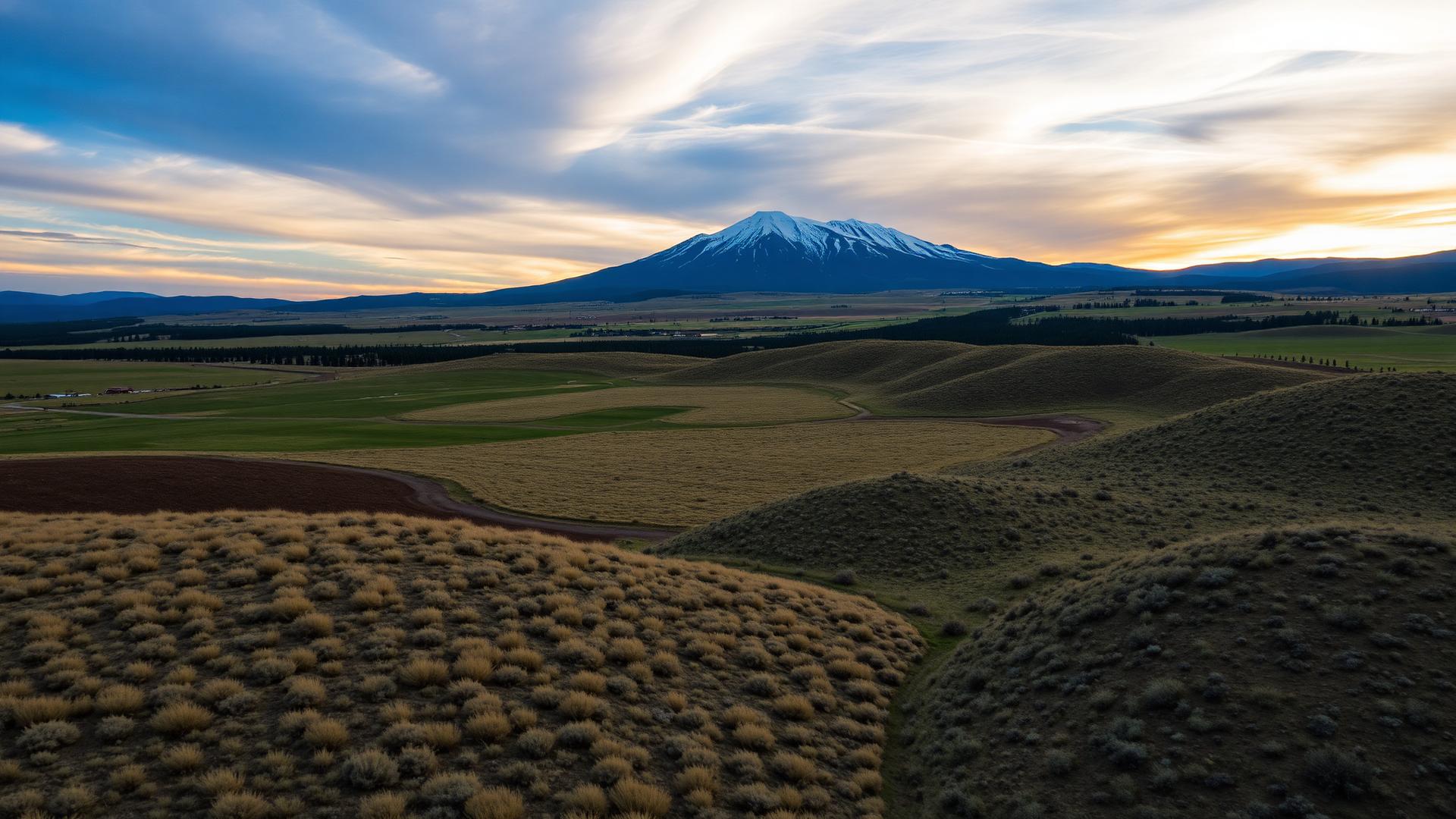 Aerial view of Oregon high desert ranch land meeting Cascade Range foothills with snow-capped mountain
