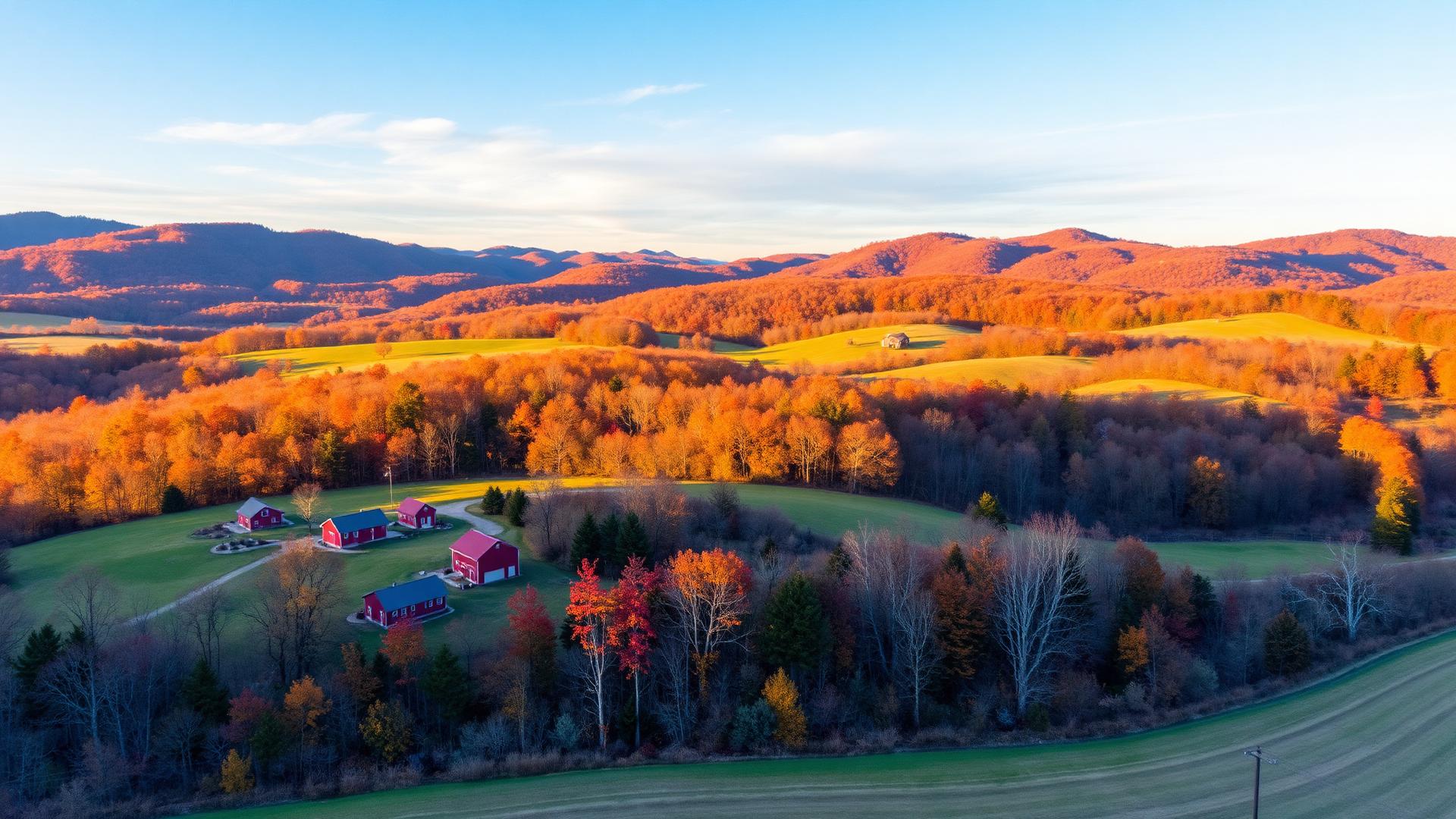 Aerial view of rolling Pennsylvania farmland with red barns and Appalachian Mountains during autumn