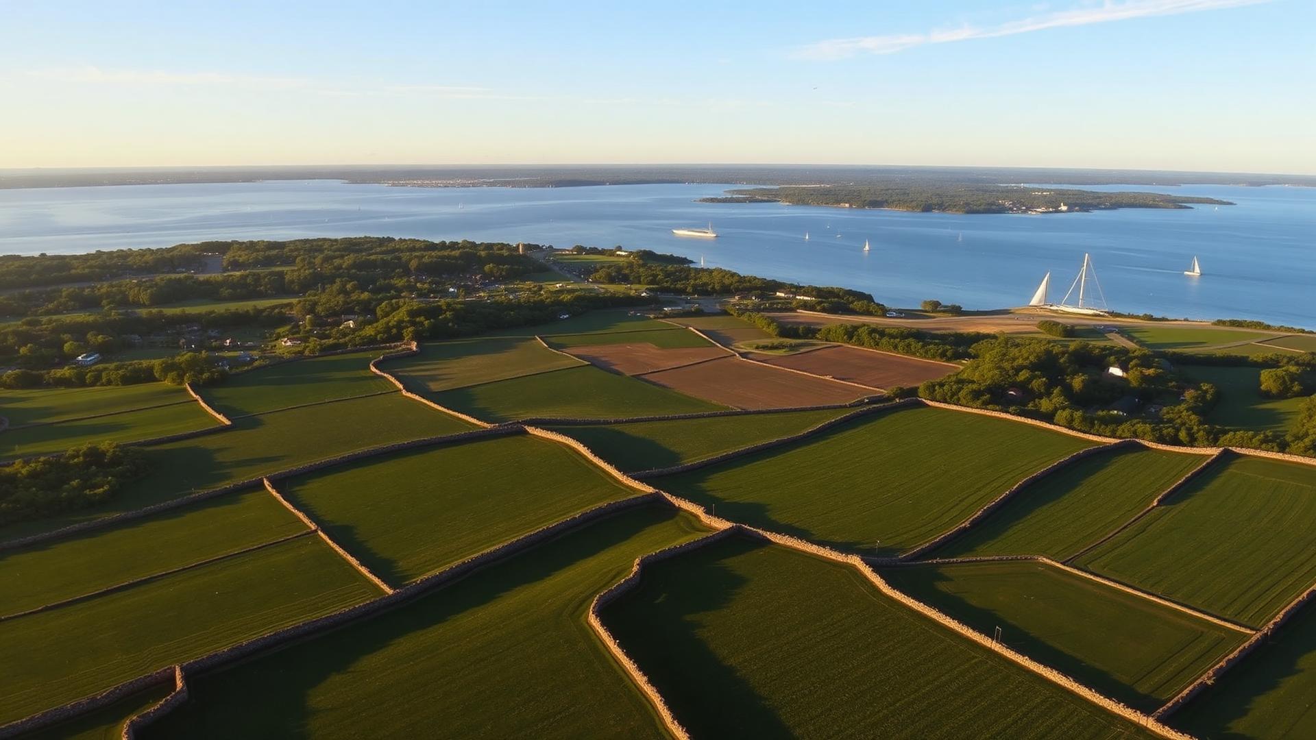 Aerial view of Rhode Island farmland and Narragansett Bay coastline with stone walls and sailboats