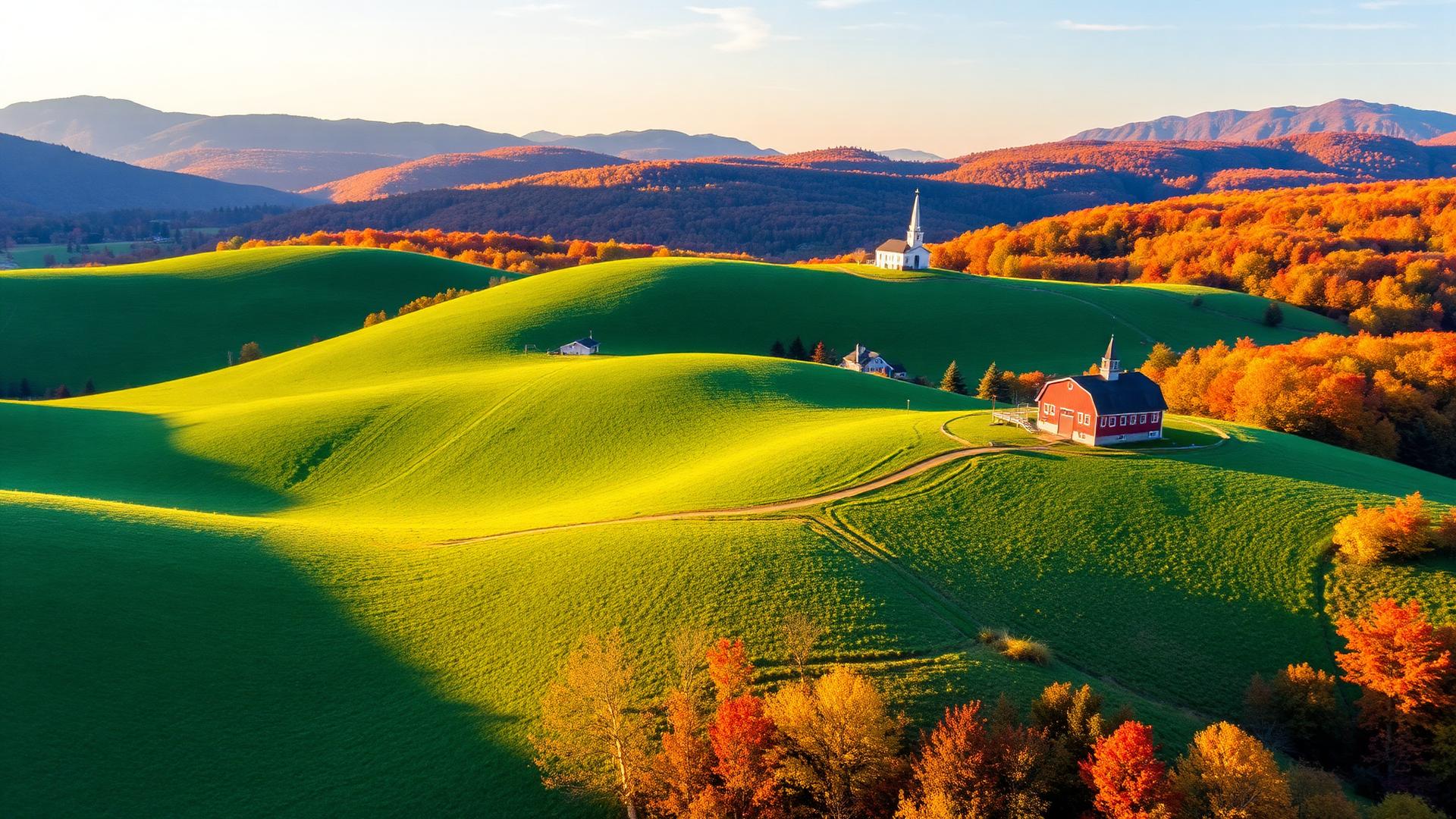 Vermont autumn countryside with Green Mountains and red barn — sell land fast in Vermont