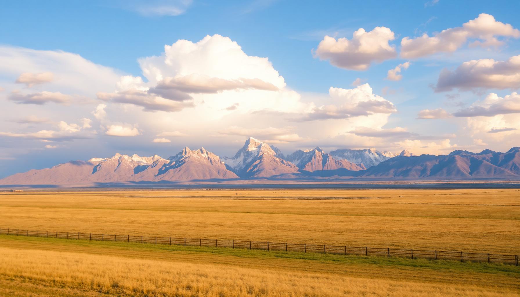 Vast Wyoming open rangeland with snow-capped mountains and golden prairie grassland showing land for sale
