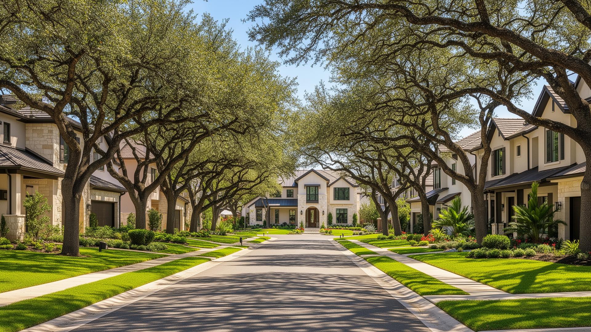 Beautiful Stone Oak neighborhood in San Antonio Texas with luxury homes and tree-lined streets