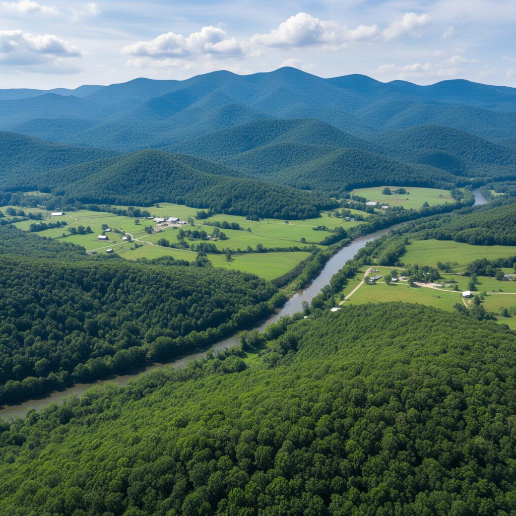 Aerial view of Sullivan County Tennessee Appalachian mountains and Holston River valley