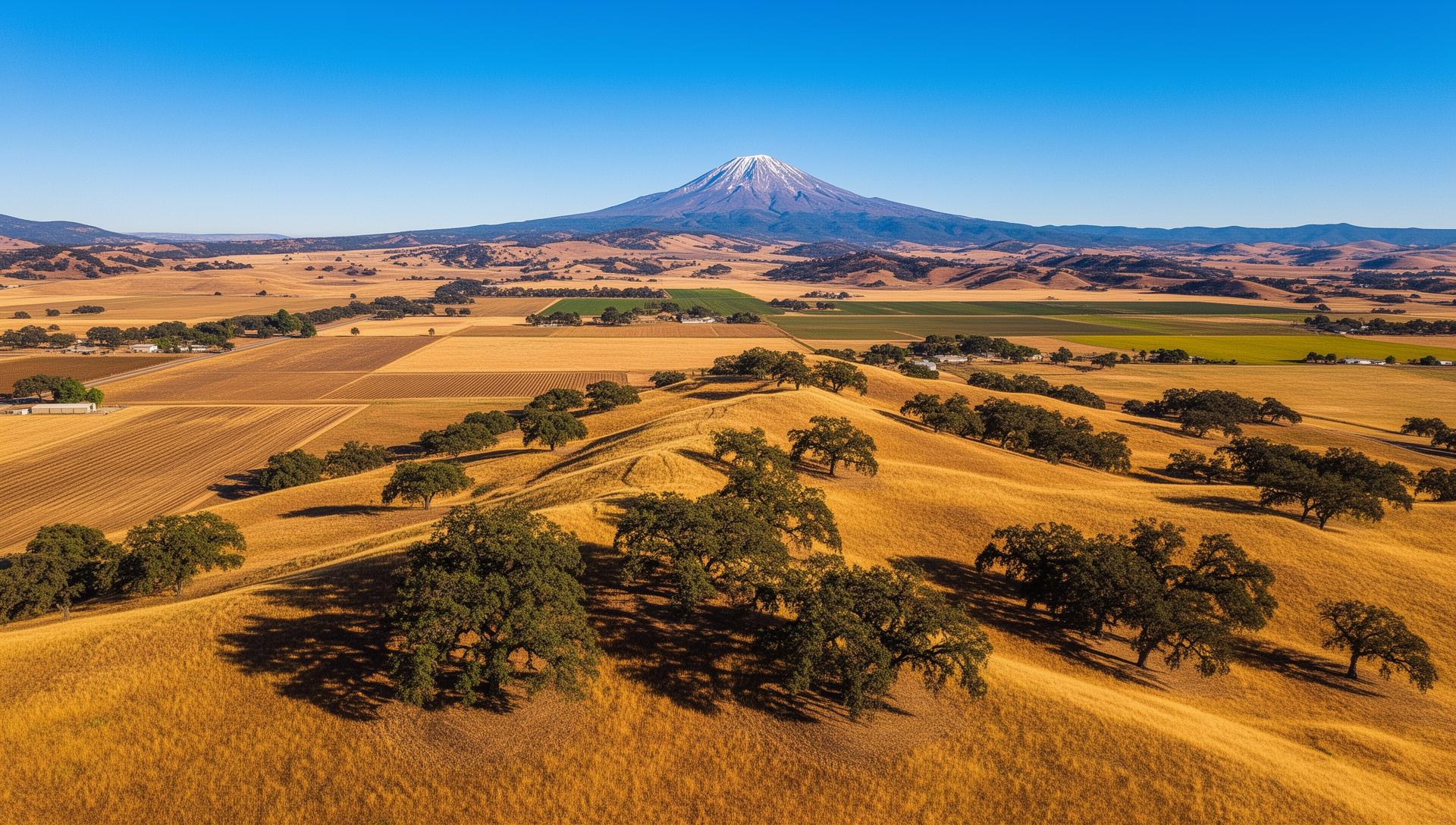 Tehama County California golden hills with Mount Lassen in background