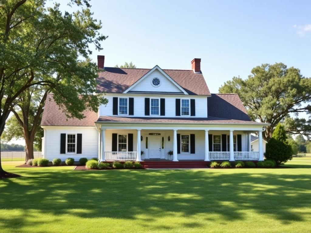 Traditional farmhouse with white siding on rural property
