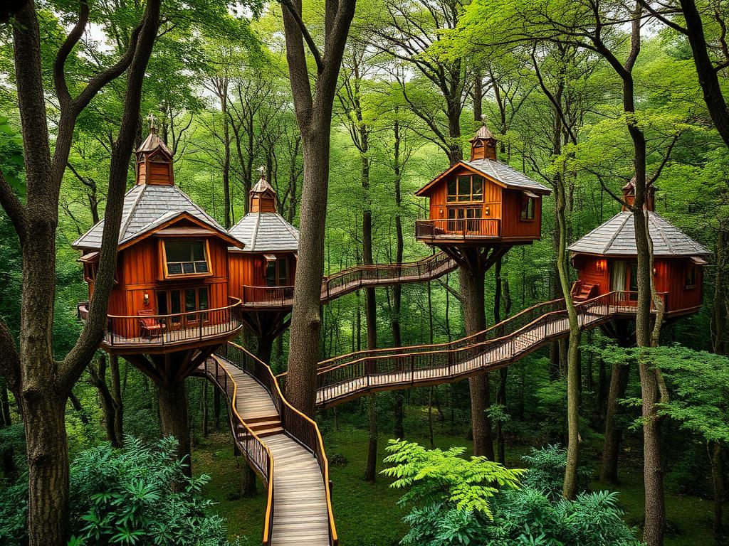 Luxury treehouse glamping cluster with connected walkways in forest setting