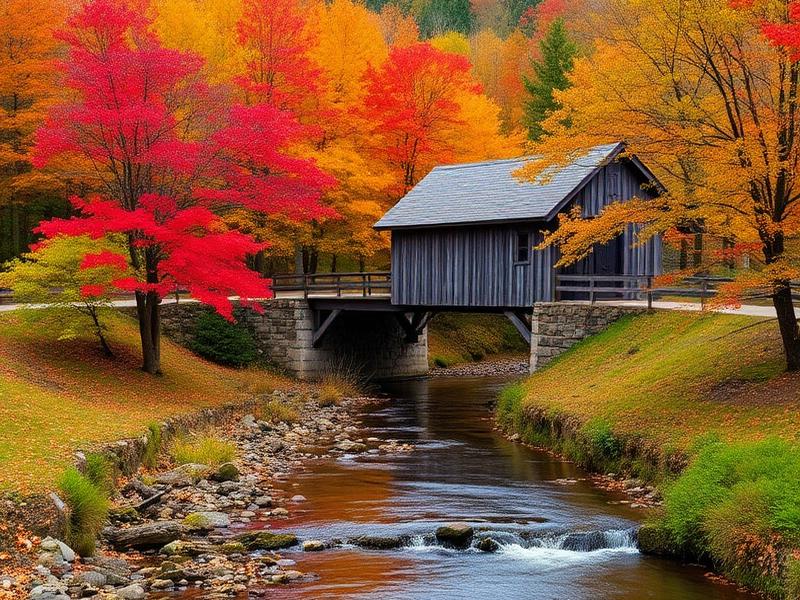 Vermont covered bridge with fall foliage — rural land sales