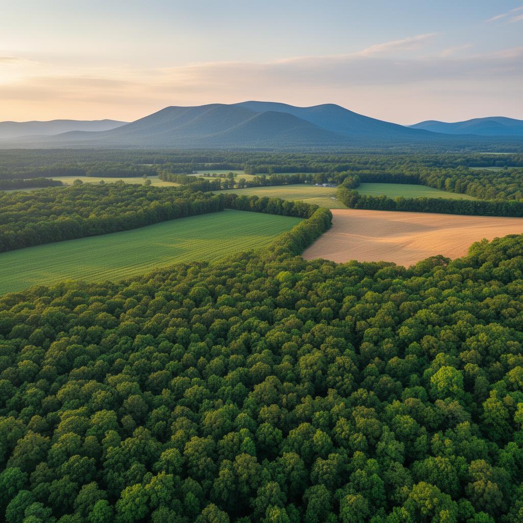 Aerial view of Virginia protected forest and farmland conservation area