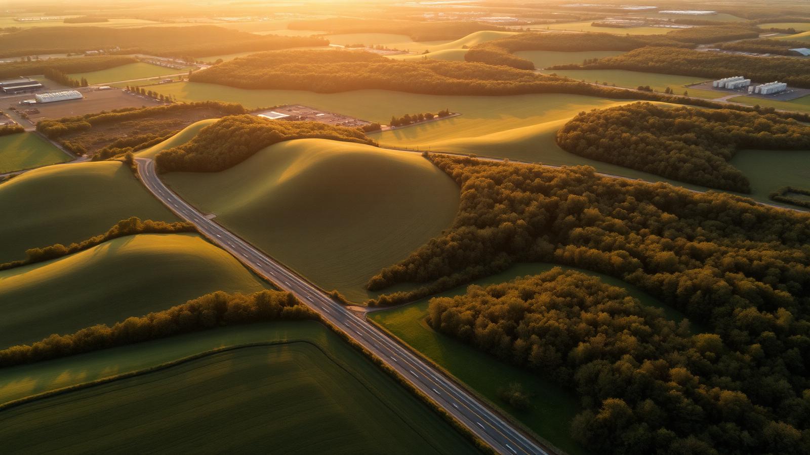 Aerial view of rolling Northern Virginia farmland with distant data center rooftops on the horizon