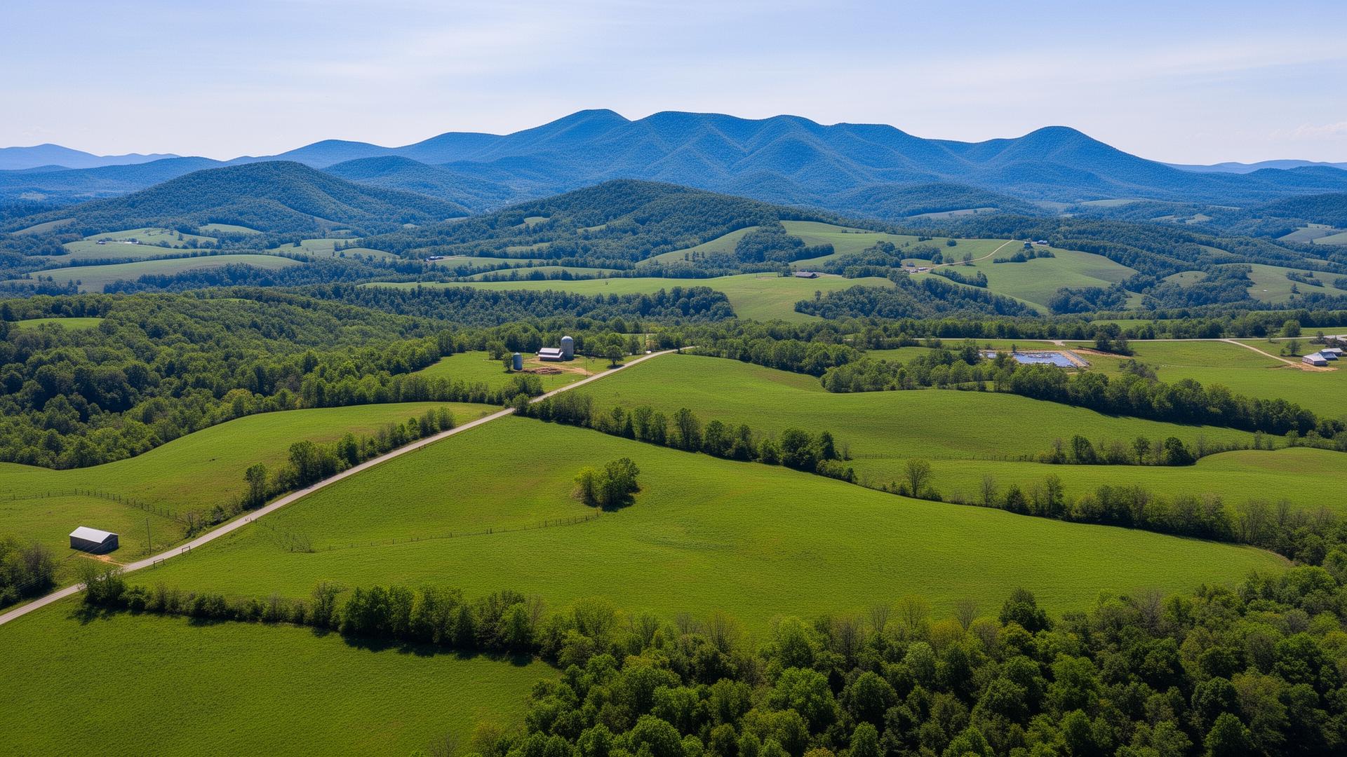 Aerial view of Washington County Tennessee Appalachian foothills with green farmland and mountains