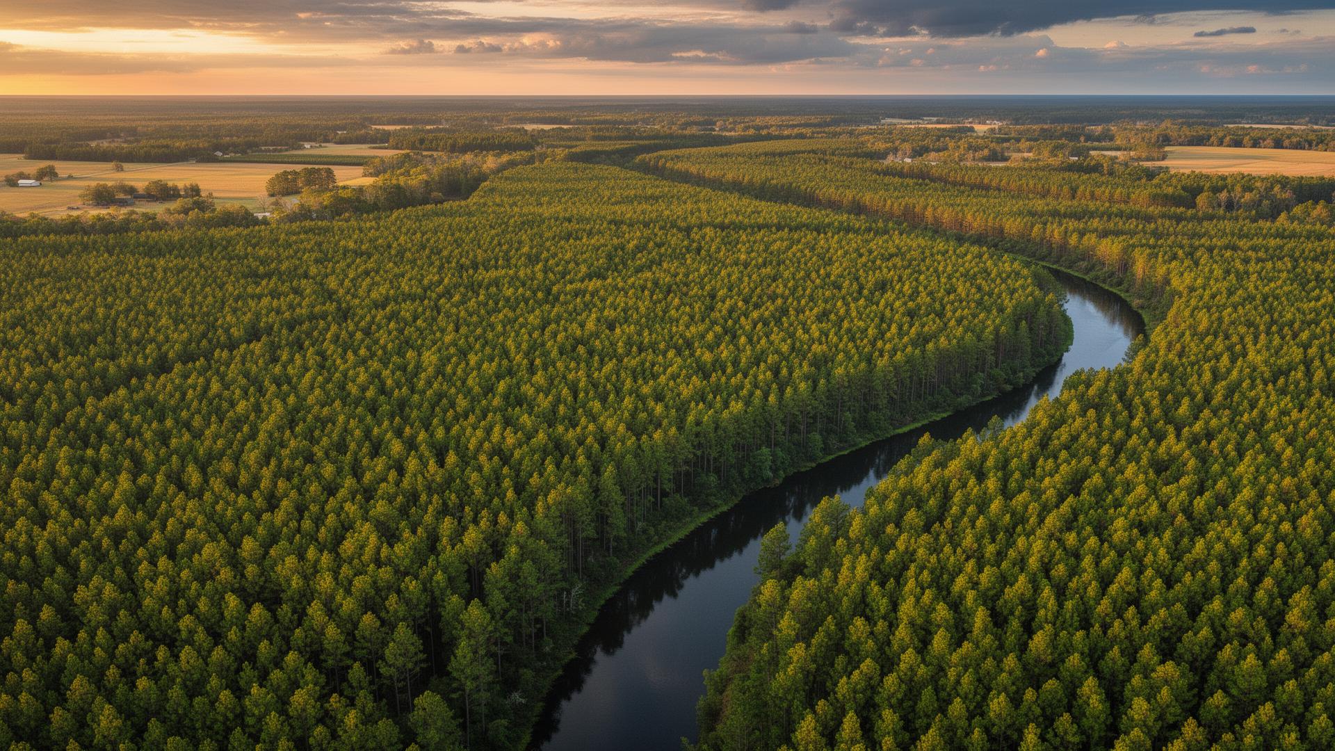 Vast pine forests and the Altamaha River in Wayne County, Georgia