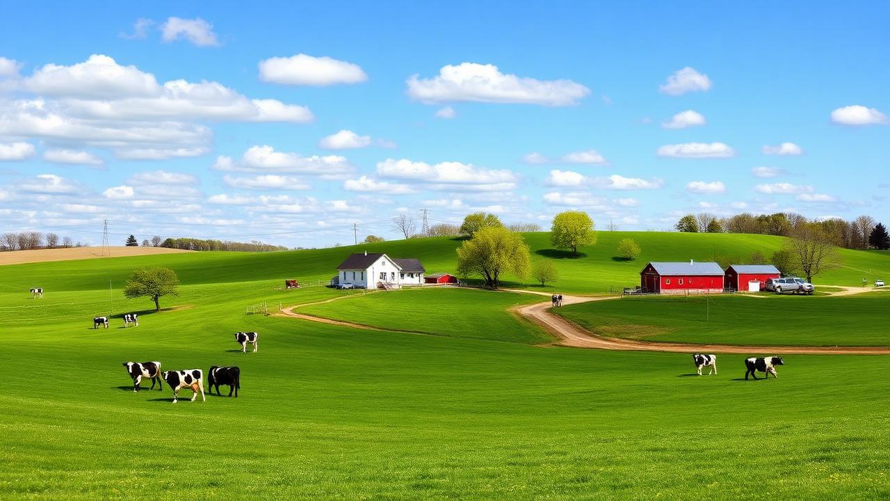 Wisconsin dairy farm with Holstein cows grazing on green rolling hills, red barn and white farmhouse