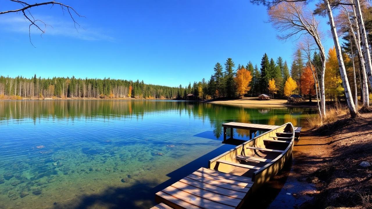 Crystal clear northwoods lake in Wisconsin surrounded by birch and pine trees with dock and canoe