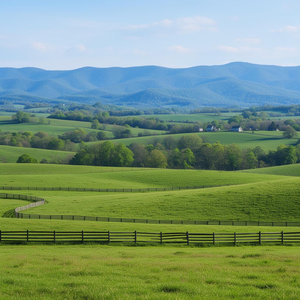 Rolling farmland and pastures in Wilkes County, North Carolina