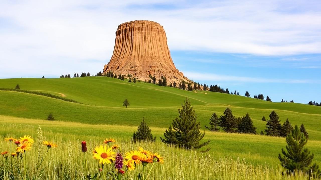 Devils Tower Wyoming rising from green prairie with wildflowers, iconic geological landmark