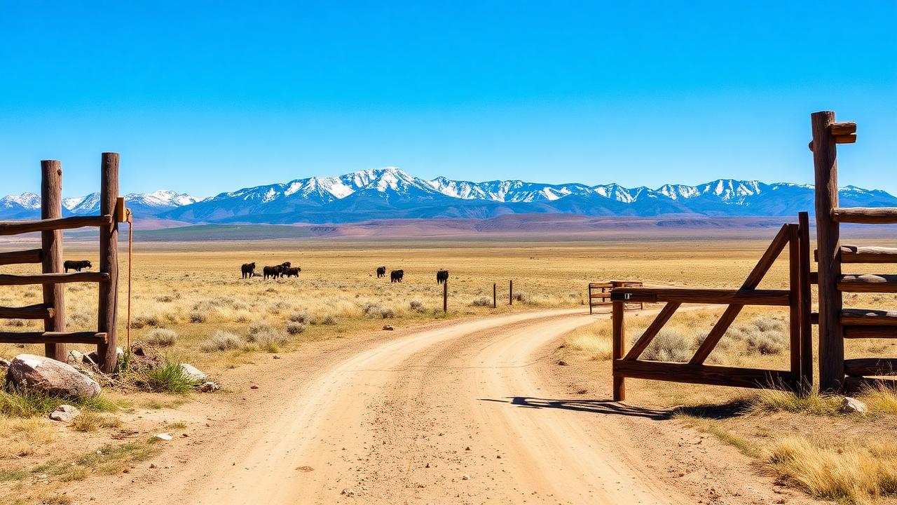 Wyoming ranch gate with dirt road leading to snow-capped mountains, cattle grazing on sagebrush rangeland